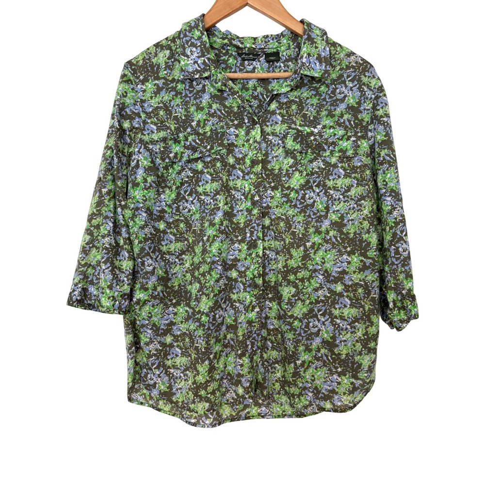 Eddie Bauer Gorpcore Green Floral Roll Tab Sleeve Cotton Button Down Shirt L